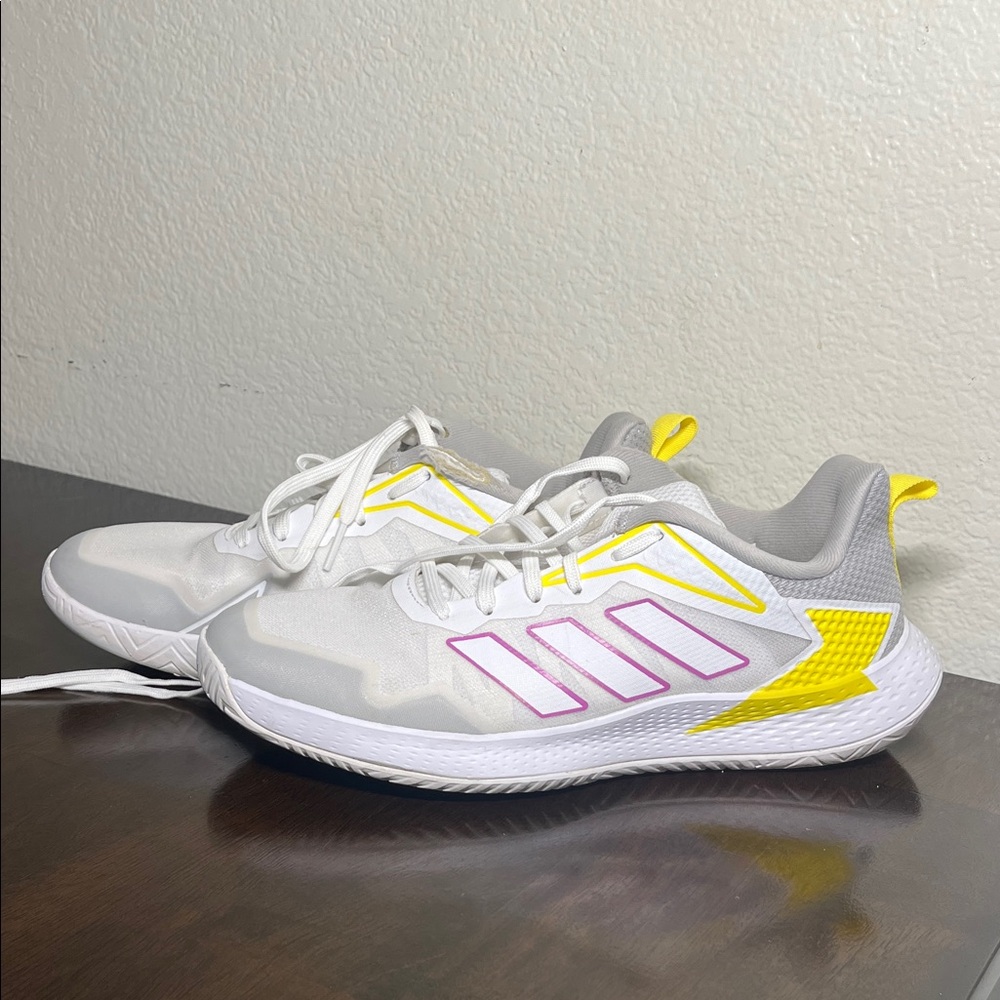 Adidas women size 7 1/2.  Defiant  speed White, Yellow, and Pink Sneakers
